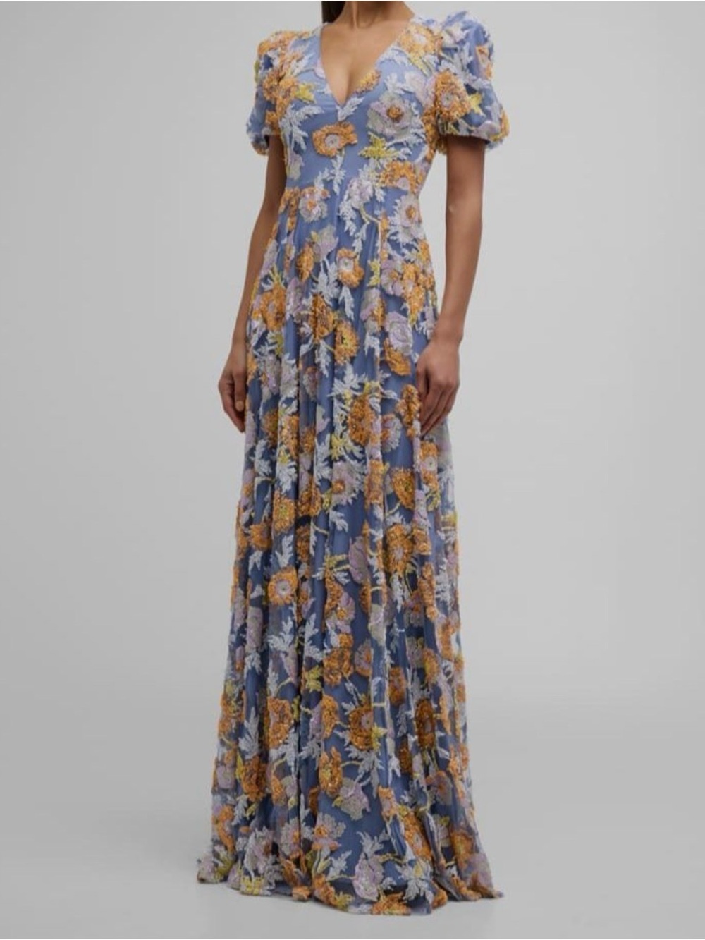 Mother of bride/groom standout! Unique  Jovani puff sleeve floral sequin gown.